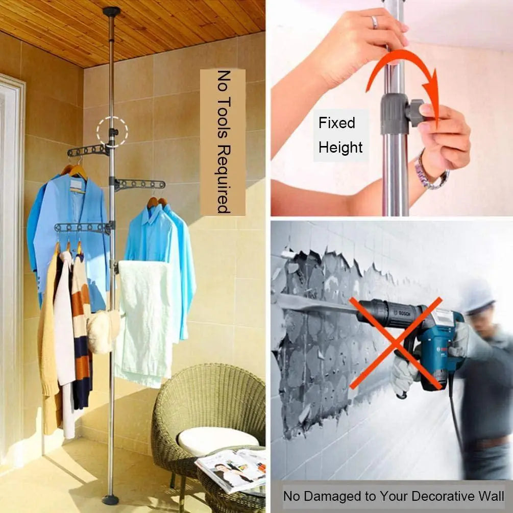 3-Tier Adjustable Vertical Laundry Pole & Garment Rack None