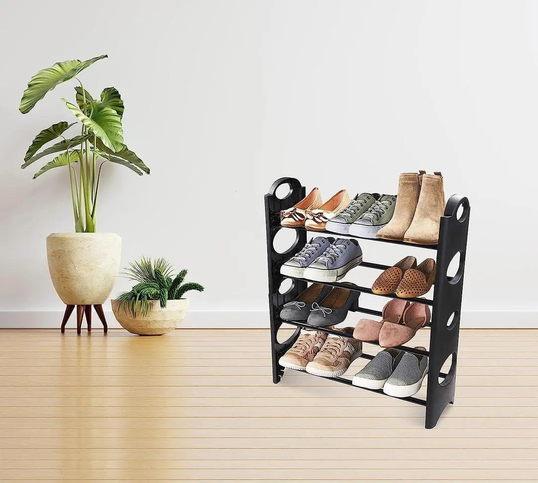 Foldable Lightweight Plastic Shoe Rack with 4 Shelves & Iron Rods None