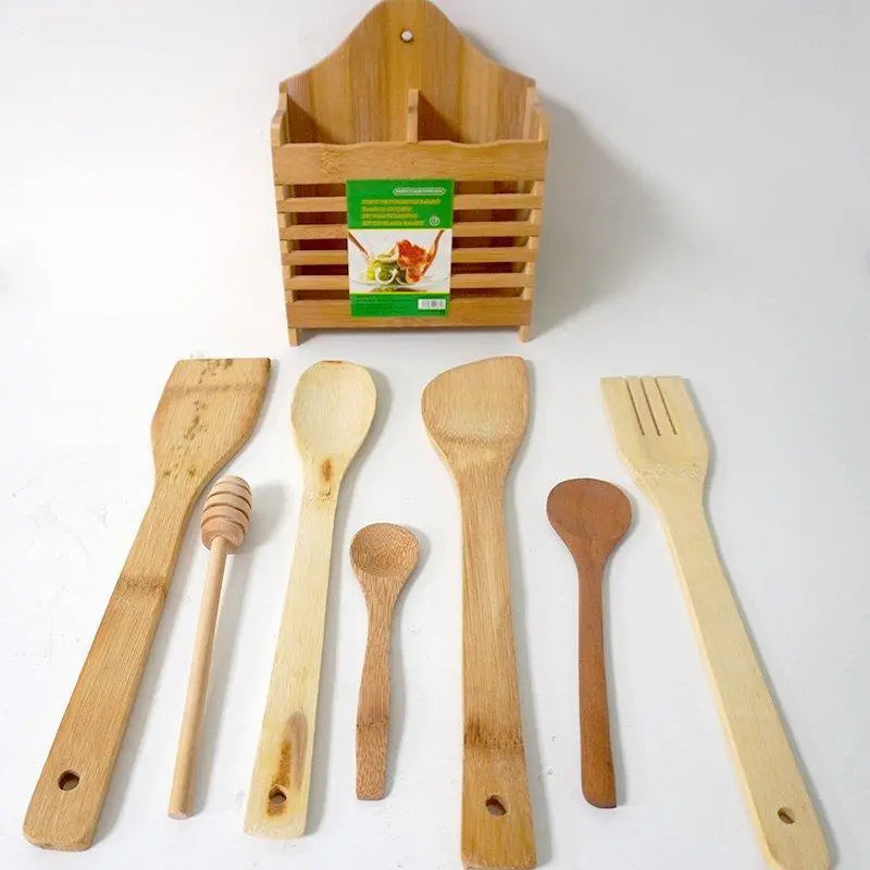 7 Pcs Organic Bamboo Cutlery Set - Wooden Utensil Set None