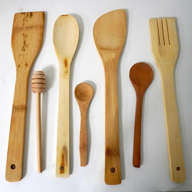 7 Pcs Organic Bamboo Cutlery Set - Wooden Utensil Set None