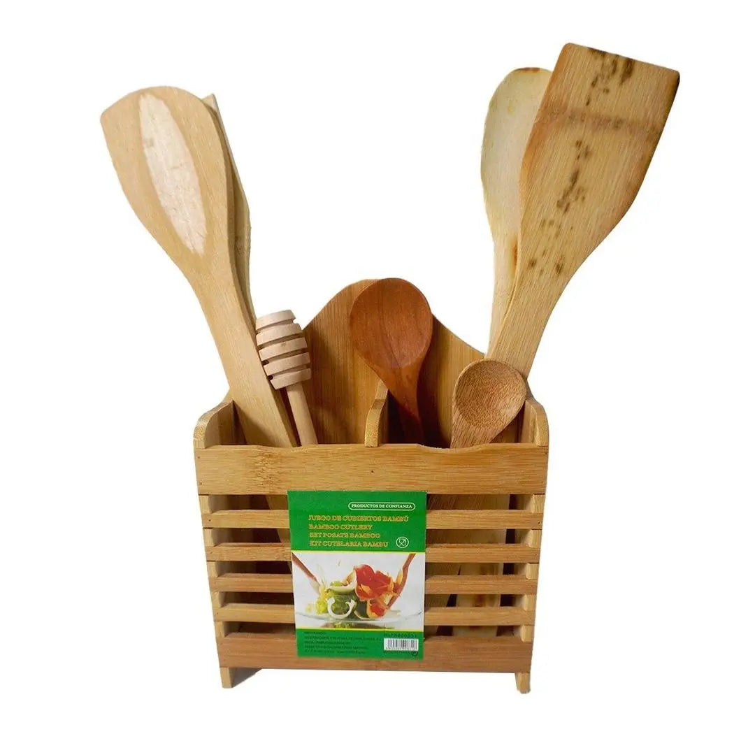 7 Pcs Organic Bamboo Cutlery Set - Wooden Utensil Set None