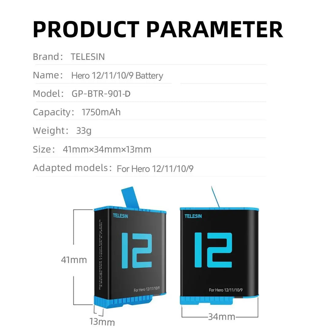 TELESIN Battery For GoPro HERO12/11/10/9 (Black), 24011802 - Genmarty