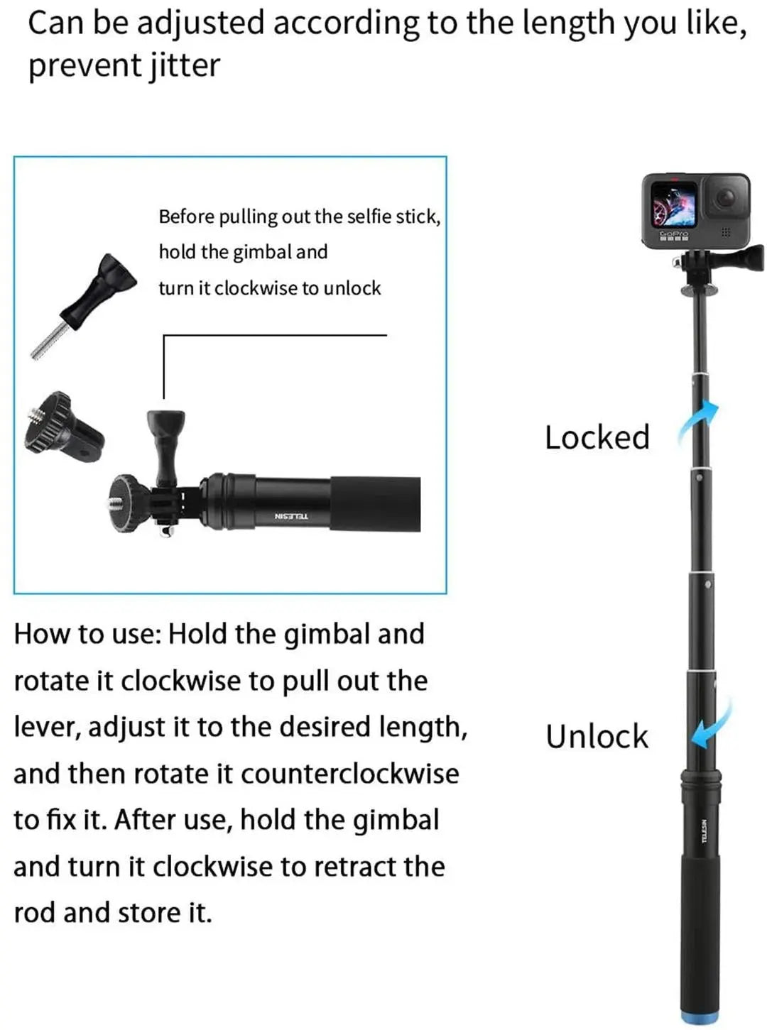 TELESIN Selfie Stick Monopod With Tripod Mount For GoPro HERO DJI Osmo Insta360, 20121303 TELESIN