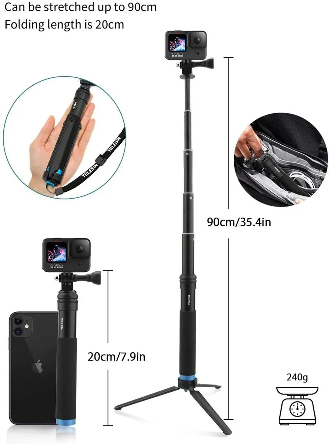 TELESIN Selfie Stick Monopod With Tripod Mount For GoPro HERO DJI Osmo Insta360, 20121303 TELESIN