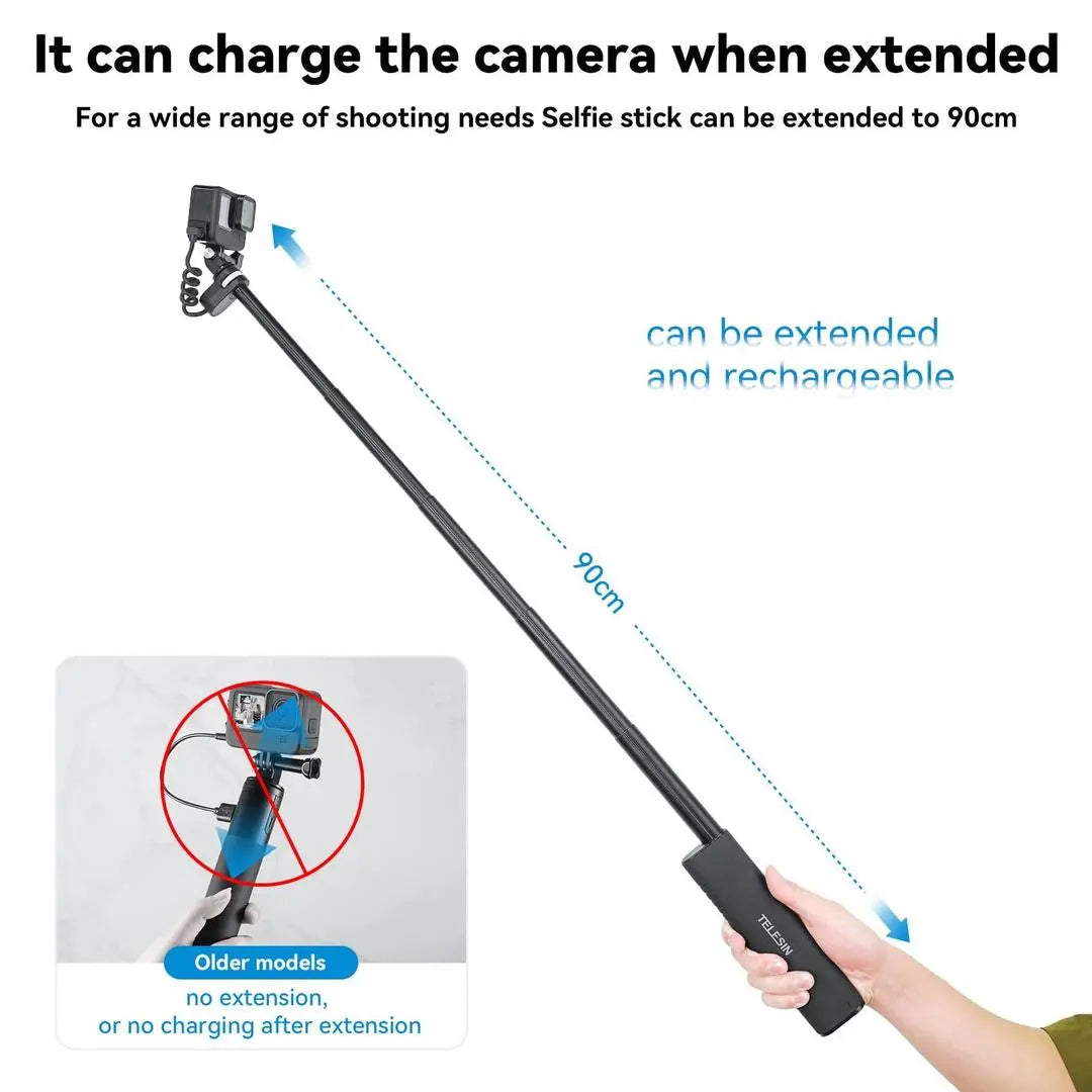 TELESIN Selfie Stick 10000mAh Battery With USB-C Cable For Action Cameras, 23010402 TELESIN