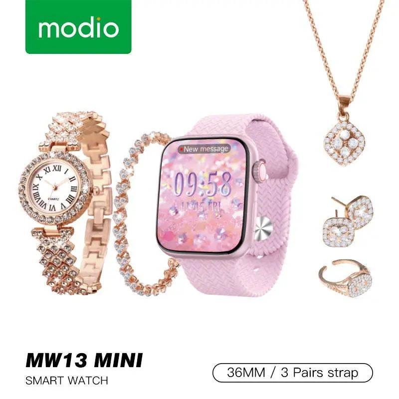 Modio MW13 Mini Ladies Smart Watch 5 In 1 Diamond Style Jewellery - Genmarty